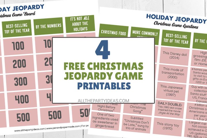 spread of free christmas jeopardy game printable question and answer sheets.