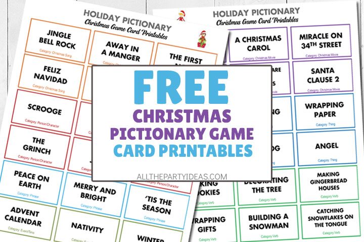 spread of free christmas pictionary game card printables.