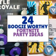 collage of fortnite party ideas including party games and cookie decorations.