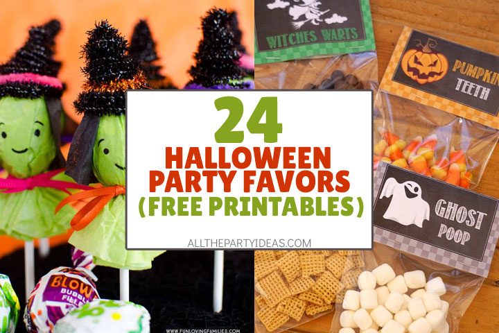 collage of halloween party favors with free printables for witches, pumpkins, ghosts, and more.