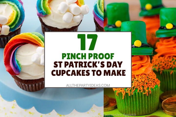 collage of st. patrick's day cupcakes including rainbow and leprechaun hat decorations.